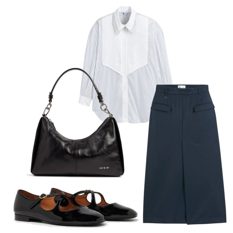 Outfit mujer - Urban style. Estilo Urban para Oficina. Combinación con falda longuette, bailarinas, bandoleras, camisas.
