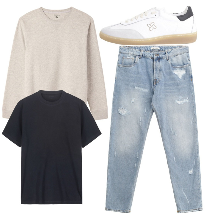 Outfit uomo - City. Stile Casual per Tutti i giorni. Abbinamento con felpe, sneakers, jeans strappati, t-shirt.