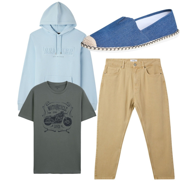 Outfit uomo - City. Stile Casual per Tutti i giorni. Abbinamento con espadrillas, pantaloni, t-shirt, felpe con cappuccio.