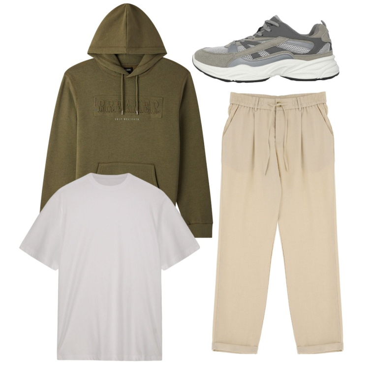 Outfit uomo - City. Stile Casual per Tutti i giorni. Abbinamento con sneakers, felpe con cappuccio, pantaloni, t-shirt.