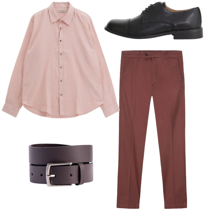 Outfit uomo - City. Stile Trendy per Serata speciale. Abbinamento con camicie, scarpe stringate, cinture, pantaloni chino.