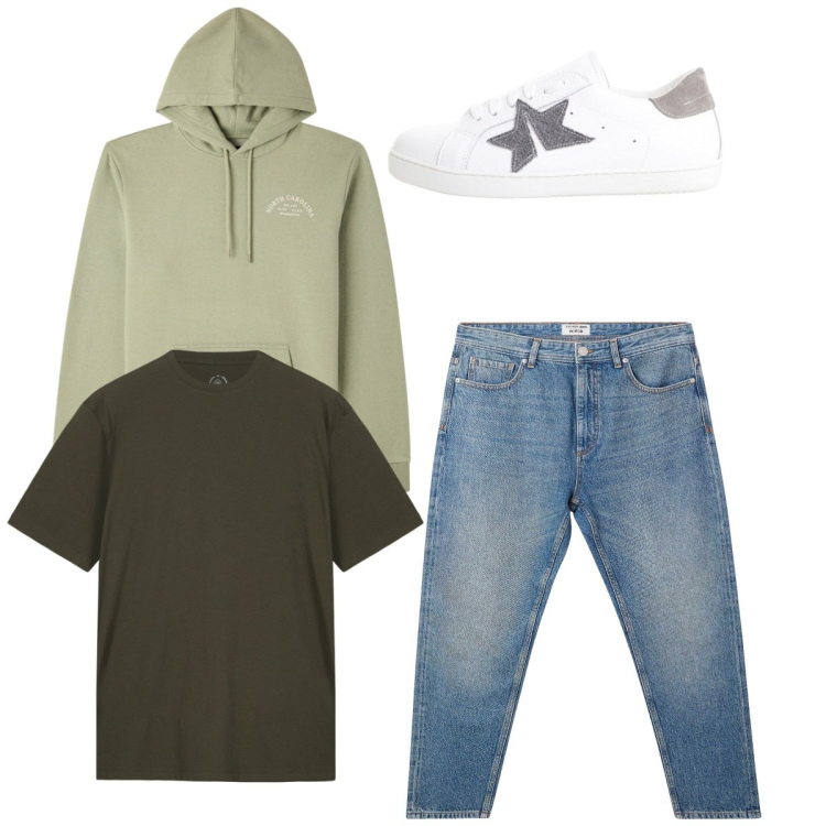 Outfit uomo - Total look. Stile Casual per Tutti i giorni. Abbinamento con jeans, felpe con cappuccio, sneakers, t-shirt.
