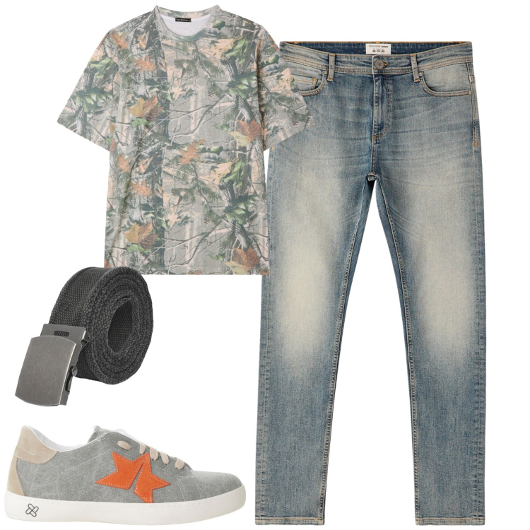 Outfit uomo - Agosto. Stile Casual per Tutti i giorni. Abbinamento con cinture, jeans skinny, t-shirt, sneakers.