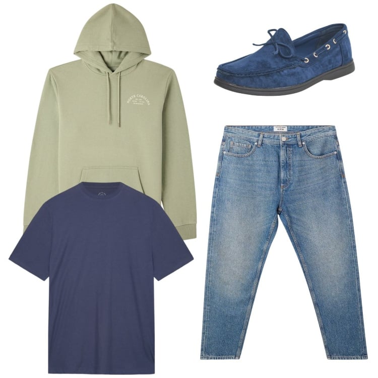 Outfit uomo - Total look. Stile Casual per Tutti i giorni. Abbinamento con scarpe stringate, jeans, felpe con cappuccio, t-shirt.