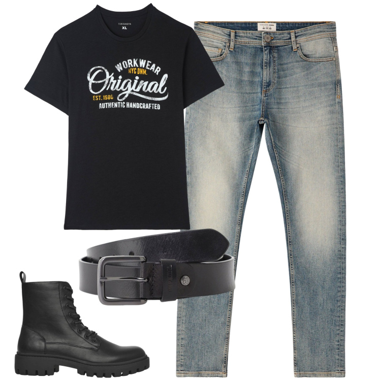 Outfit uomo - Total look #2235438. Stile Biker Rock per Tutti i giorni. Abbinamento con jeans skinny, anfibi, t-shirt, cinture.