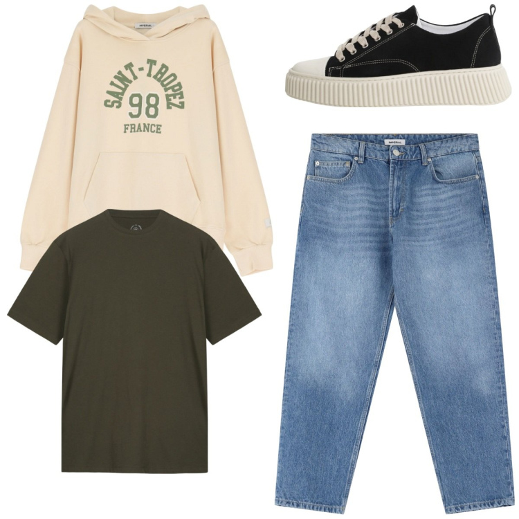 Outfit uomo - Total look. Stile Casual per Tutti i giorni. Abbinamento con jeans, sneakers, felpe con cappuccio, t-shirt.