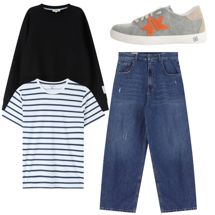 Outfit uomo - City. Stile Casual per Tutti i giorni. Abbinamento con t-shirt, felpe, jeans, sneakers.