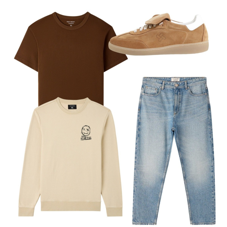 Outfit uomo - Total look. Stile Casual per Tutti i giorni. Abbinamento con felpe, jeans dritti, t-shirt, sneakers.