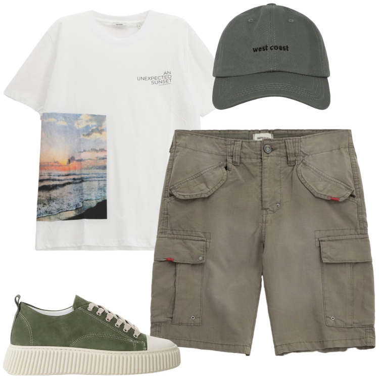 Outfit uomo - Total look #2235445. Stile Casual per Tutti i giorni. Abbinamento con cappelli con visiera, sneakers, bermuda, t-shirt.