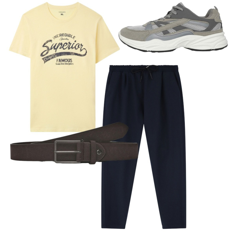 Outfit uomo - Total look. Stile Casual per Tutti i giorni. Abbinamento con t-shirt, sneakers, cinture, pantaloni.