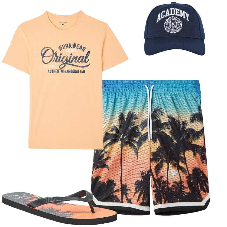 Outfit uomo - Mare. Stile Casual per Mare. Abbinamento con t-shirt, sandali, cappelli con visiera, bermuda.