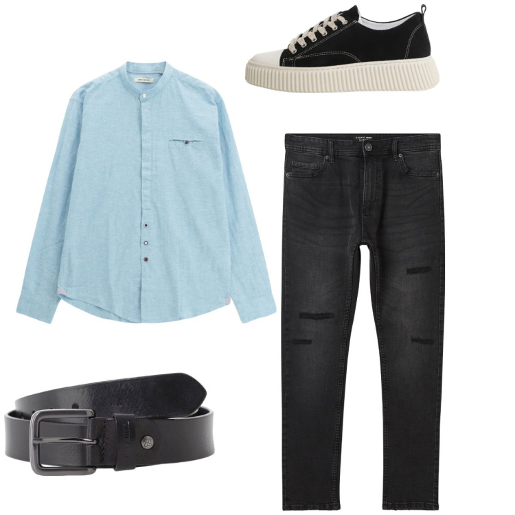 Outfit uomo - Total look. Stile Casual per Tutti i giorni. Abbinamento con jeans strappati, sneakers, cinture, camicie.