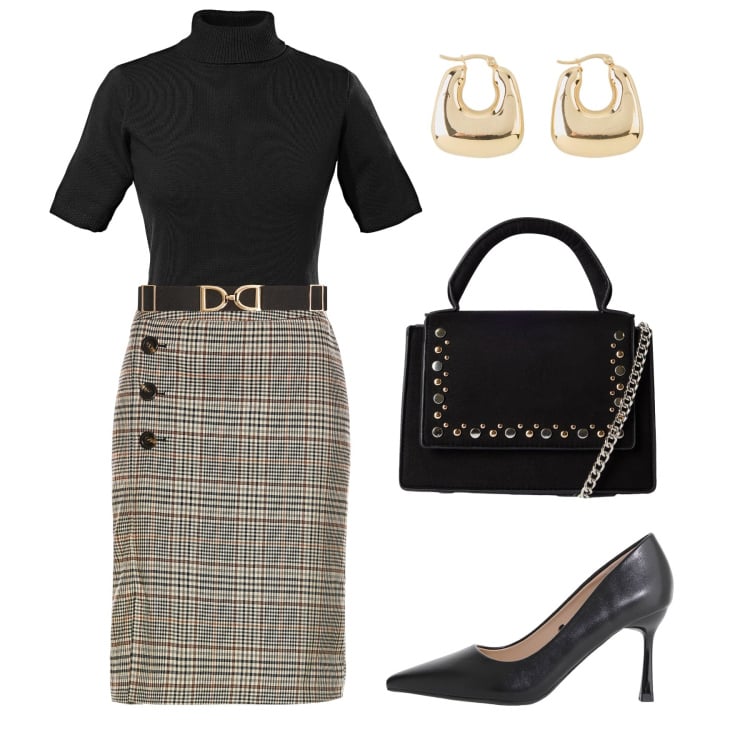 Outfit donna - Ufficio classico retró. Stile Vintage retrò per Ufficio. Abbinamento con gonne, maglieria, orecchini, cinture, borse a tracolla, décolleté.