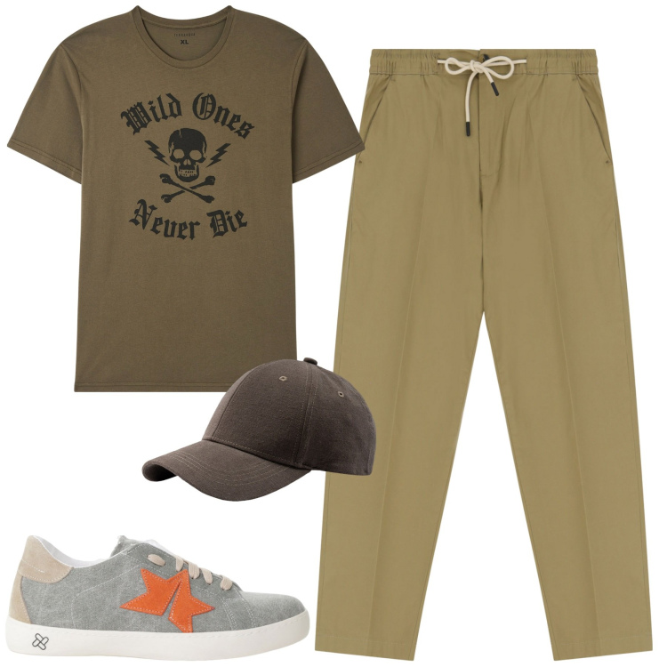 Outfit uomo - Total look #2235460. Stile Trendy per Tutti i giorni. Abbinamento con t-shirt, pantaloni chino, sneakers, cappelli con visiera.