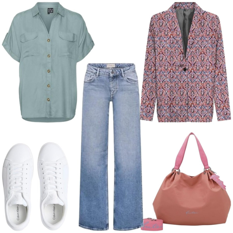 Outfit femme - Urban #5076. Style Urban pour Tous les jours. Assortir avec jean coupe droite, blazers, sneakers, chemises à manches courtes, sac cabas.