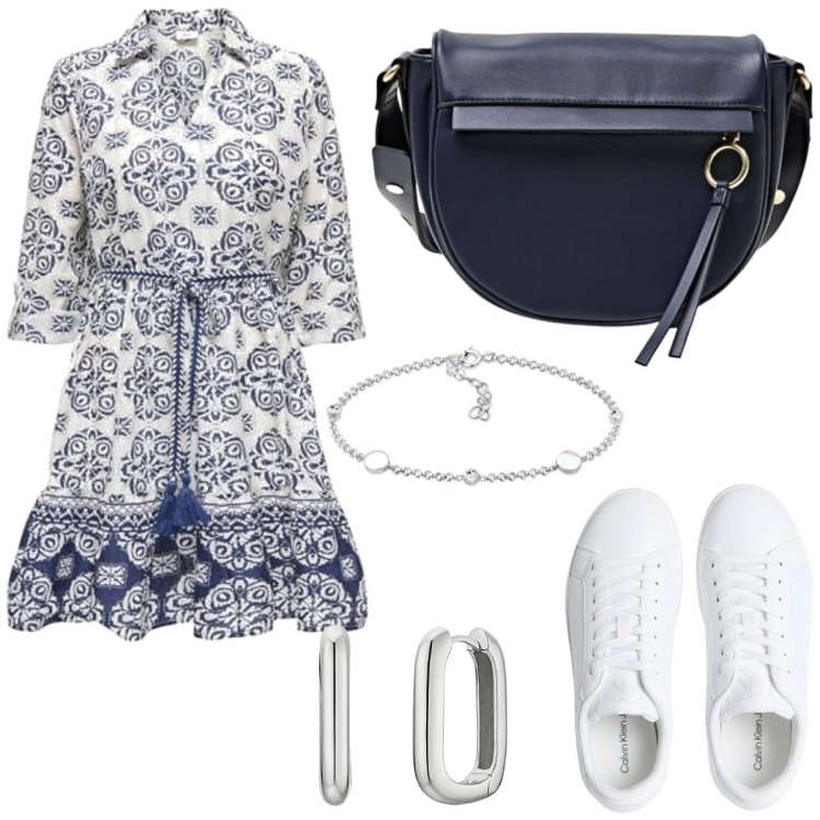 Outfit femme - Tendance #7073. Style Tendance pour Tous les jours. Assortir avec robes mi-longues/au genou, sacs en bandoulière, bracelets, sneakers, boucles d'oreilles.