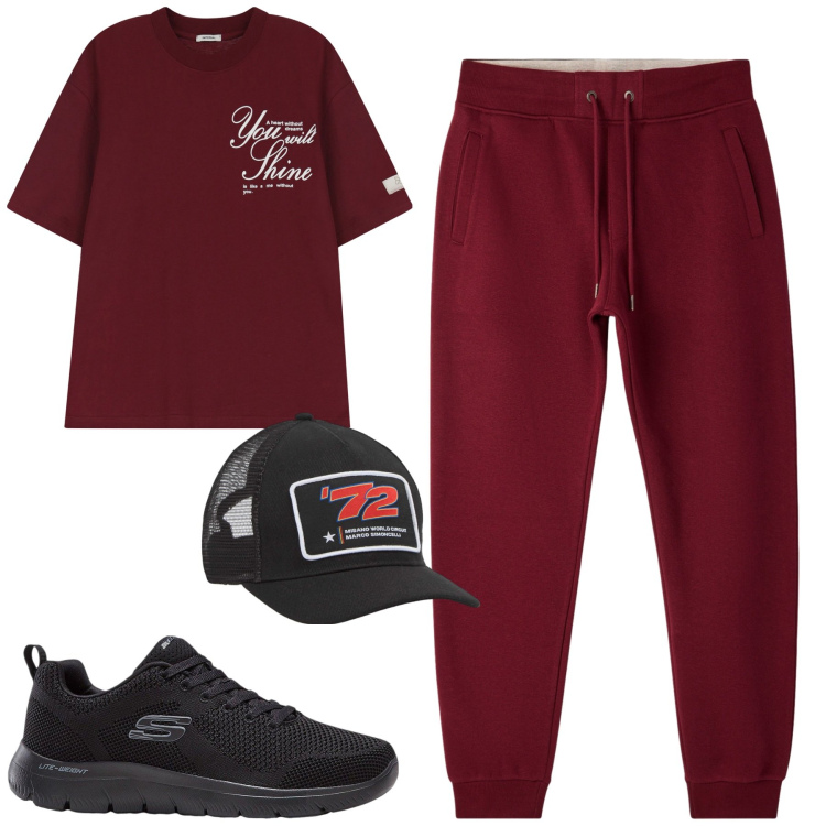 Outfit uomo - Sporty. Stile Casual per Tutti i giorni. Abbinamento con sneakers, cappelli, pantaloni, t-shirt.