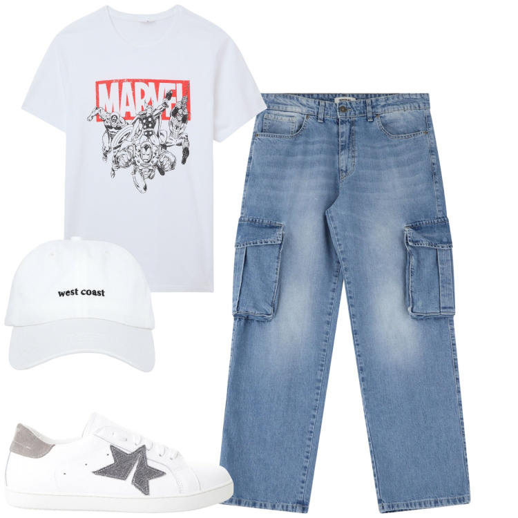 Outfit uomo - Total look #2235471. Stile Casual per Tutti i giorni. Abbinamento con cappelli, t-shirt, sneakers, jeans.