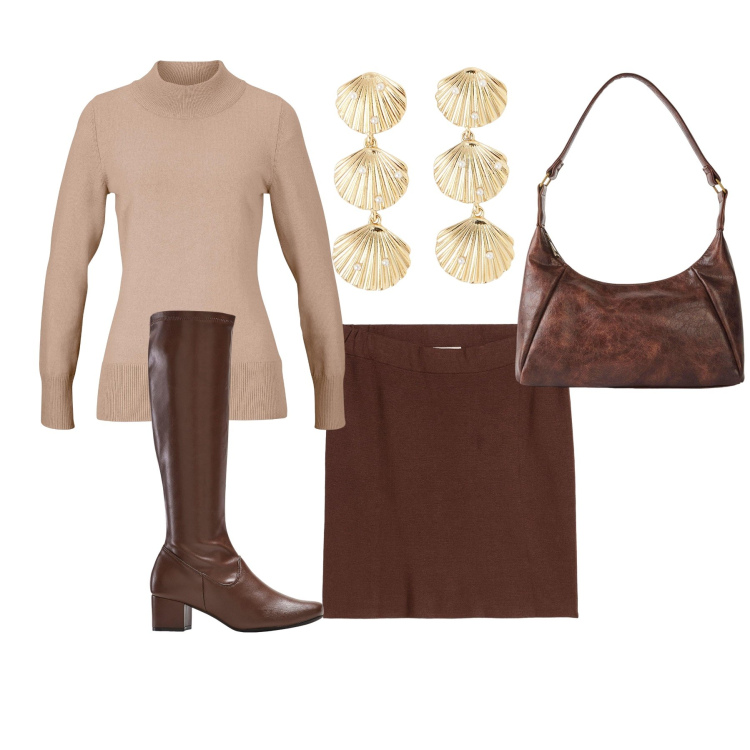 Outfit donna - Mini e stivale. Stile Casual per Tutti i giorni. Abbinamento con maglieria, stivali, borse a mano, gonne, orecchini.