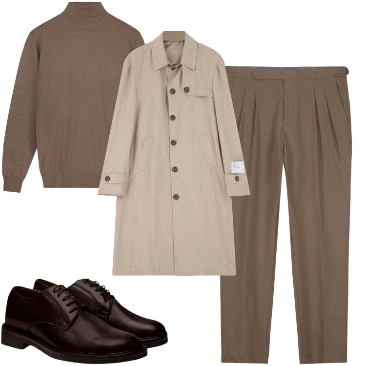 Outfit uomo - City. Stile Urban per Tutti i giorni. Abbinamento con trench, scarpe stringate, pantaloni, maglieria.