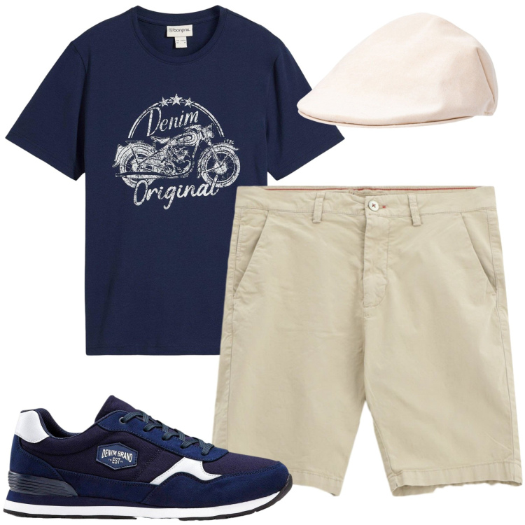 Outfit uomo - Agosto. Stile Casual per Tutti i giorni. Abbinamento con sneakers, t-shirt, bermuda, cappelli e berretti.