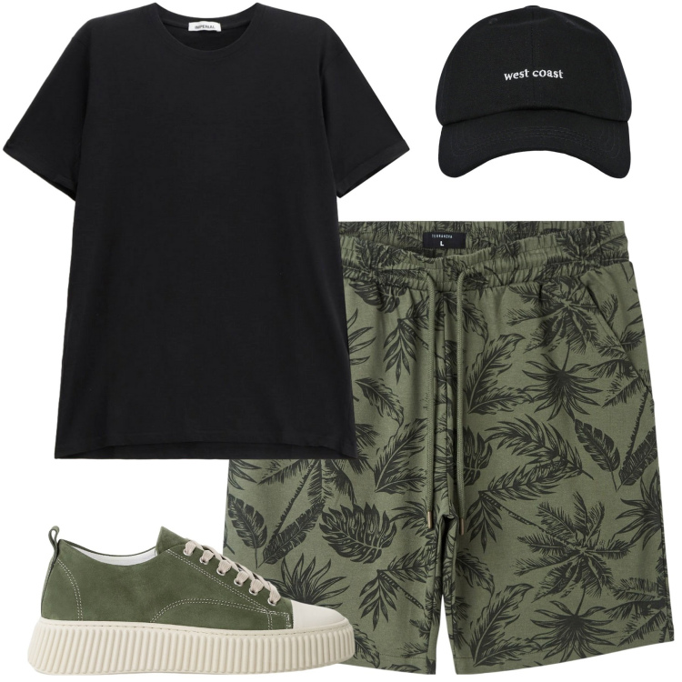Outfit uomo - Agosto. Stile Casual per Mare. Abbinamento con bermuda, cappelli con visiera, sneakers, t-shirt.