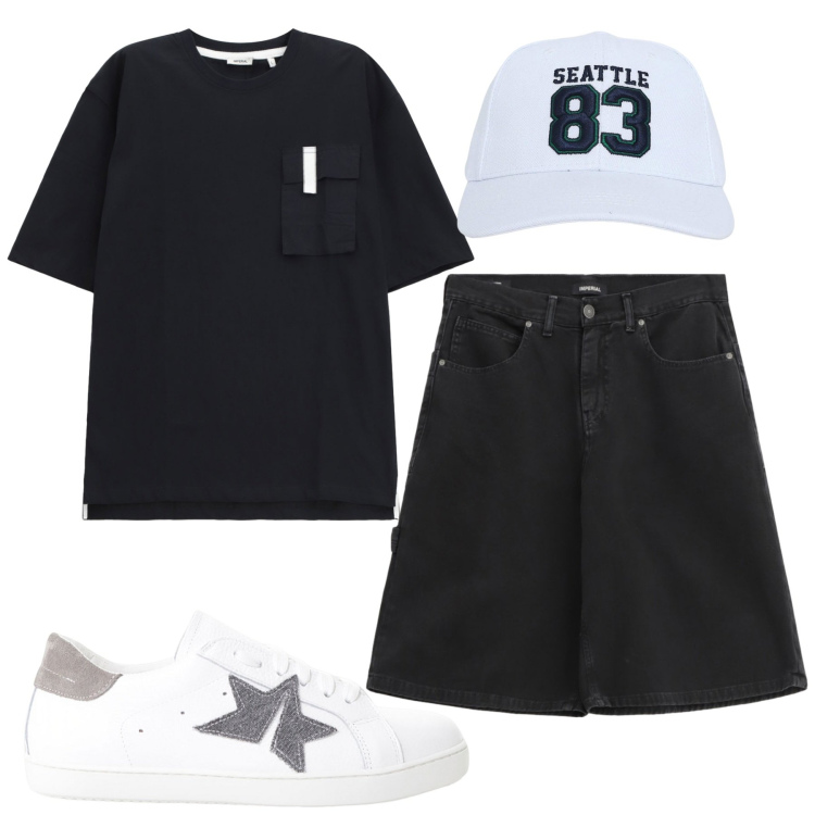 Outfit uomo - Total look #2235489. Stile Casual per Tutti i giorni. Abbinamento con cappelli, sneakers, t-shirt, bermuda.