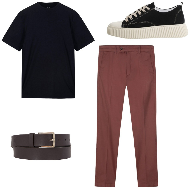 Outfit uomo - City. Stile Casual per Tutti i giorni. Abbinamento con sneakers, cinture, pantaloni chino, t-shirt.