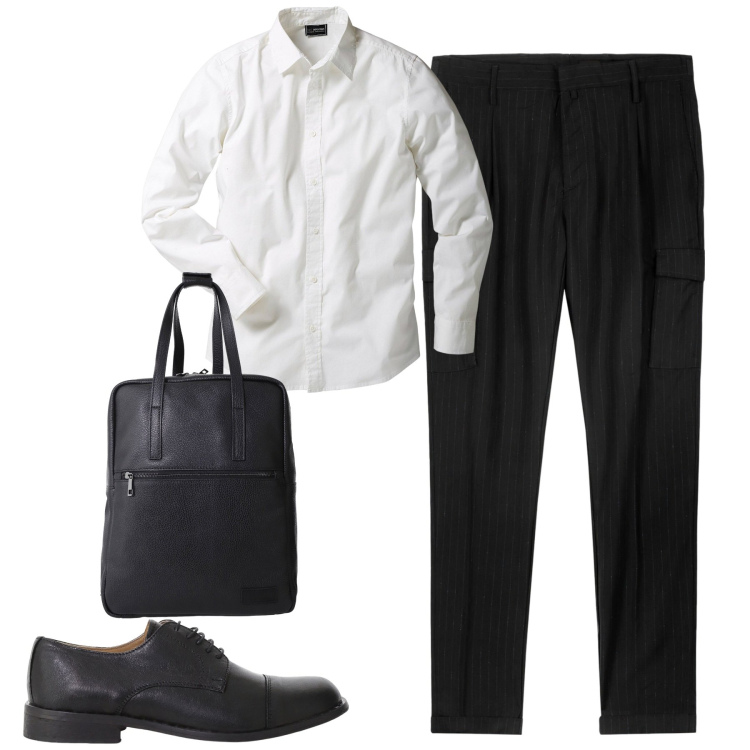Outfit uomo - In ufficio. Stile Business/Elegante per Ufficio. Abbinamento con camicie, borse sportive, scarpe stringate, pantaloni cargo.