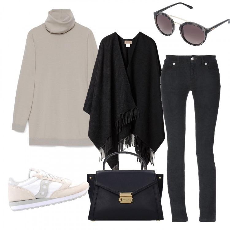 Outfit donna - Basic #648. Stile Basic per Tutti i giorni. Abbinamento con sneakers tennis, pantalone gamba cono a coste vita bassa con zip in velluto tinta unita, occhiali da sole lenti sfumate montatura in plastica, borsa a mano con borchie e logo frontale blu, maglia collo a dolcevita, poncio effetto spinato impreziosito.