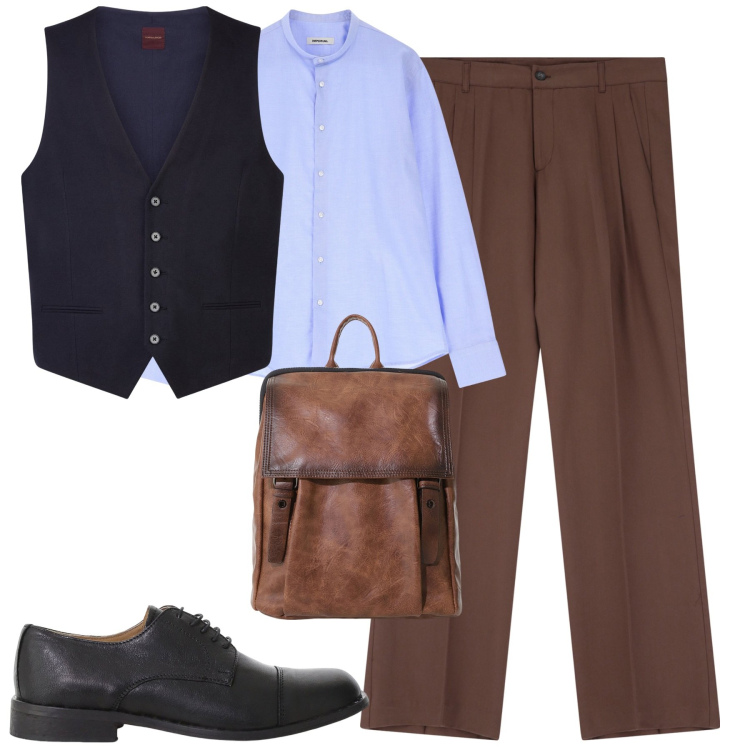 Outfit uomo - City. Stile Urban per Tutti i giorni. Abbinamento con pantaloni, camicie, borse sportive, scarpe stringate, gilet.