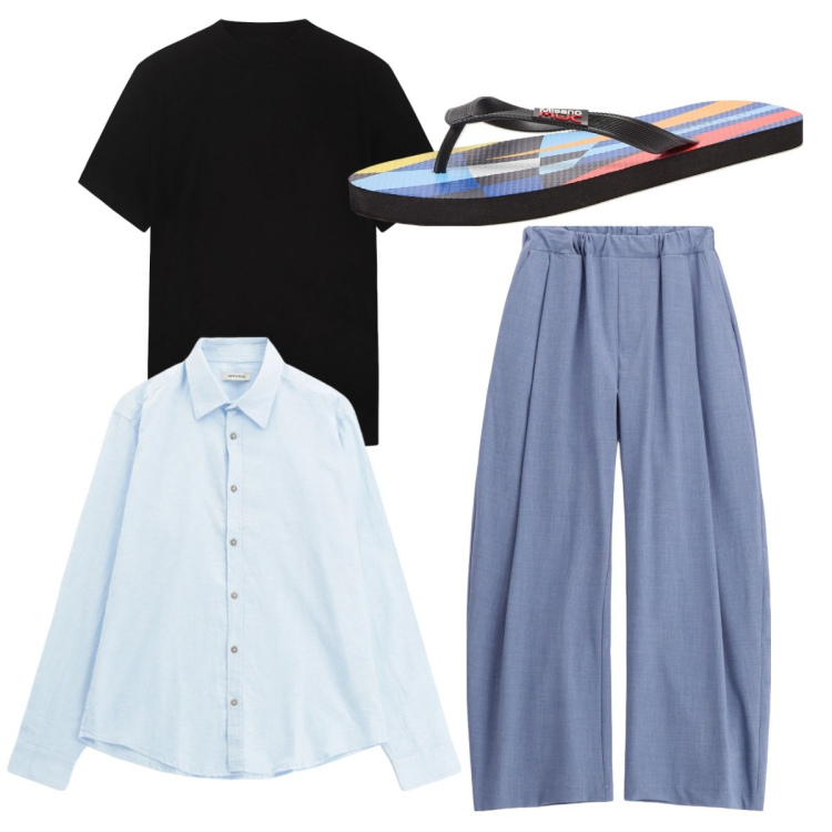 Outfit uomo - City. Stile Casual per Tutti i giorni. Abbinamento con sandali, pantaloni, camicie, t-shirt.