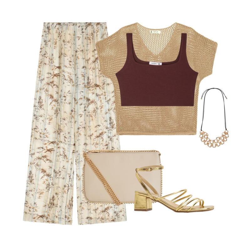 Outfit donna - Ricordi d\' estate. Stile Casual per Tutti i giorni. Abbinamento con sandali col tacco, top, borse a tracolla, maglieria, pantaloni a palazzo, collane.