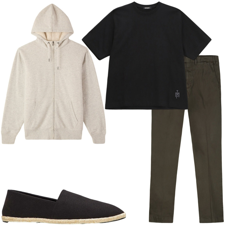 Outfit uomo - Total look #2235517. Stile Casual per Tutti i giorni. Abbinamento con espadrillas, felpe con cappuccio, t-shirt, pantaloni.