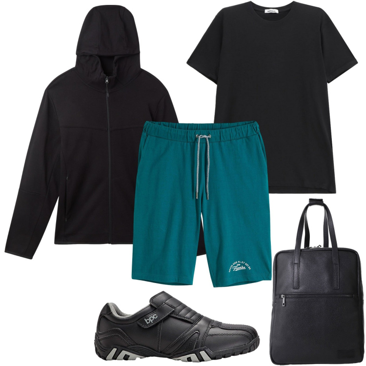 Outfit uomo - Total look #2235524. Stile Casual per Sport. Abbinamento con scarpe stringate, bermuda, felpe sportive, borse sportive, t-shirt.