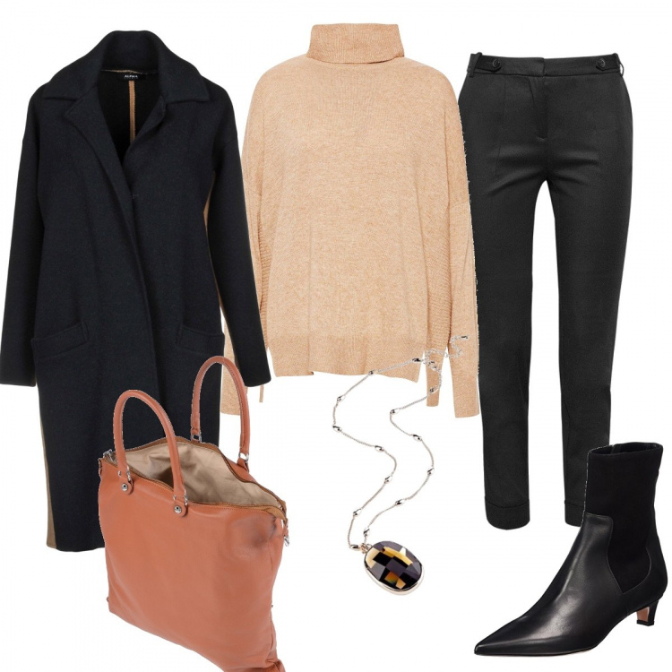 Outfit donna - Basic #650. Stile Basic per Ufficio. Abbinamento con borsa a mano maxi con zip tinta unita, cappotto collo con revers a maniche lunghe interno sfoderato in flanella tinta unita, felpa marrone, pantalone nero, stivali chelsea nero, collana forma ovale in ottone grigio e marrone.