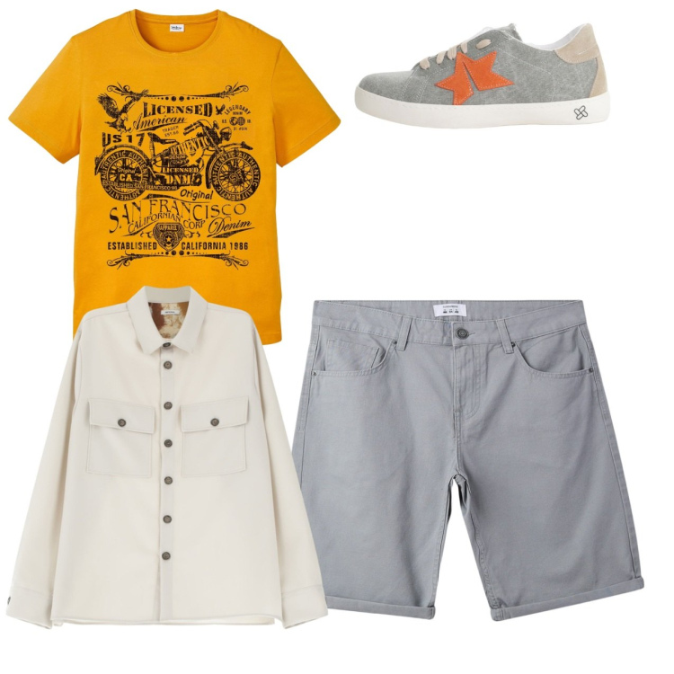 Outfit uomo - City. Stile Casual per Tutti i giorni. Abbinamento con t-shirt, bermuda, camicie, sneakers.