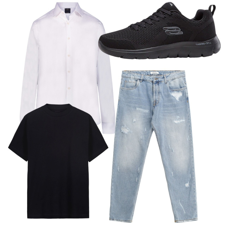 Outfit uomo - City. Stile Casual per Tutti i giorni. Abbinamento con sneakers, jeans strappati, camicie, t-shirt.