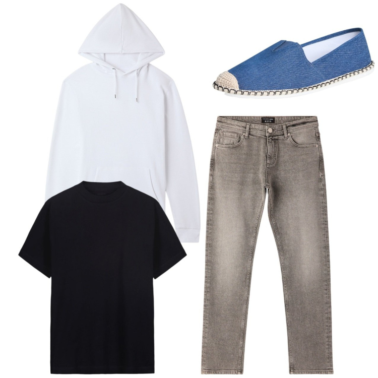 Outfit uomo - City. Stile Casual per Tutti i giorni. Abbinamento con espadrillas, felpe con cappuccio, jeans, t-shirt.