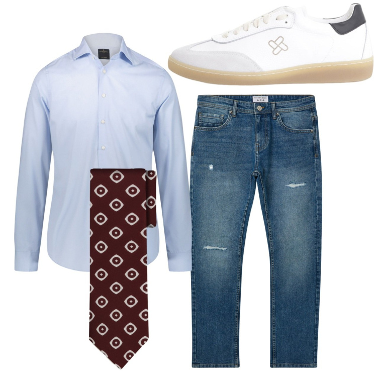 Outfit uomo - City. Stile Casual per Tutti i giorni. Abbinamento con jeans strappati, sneakers, camicie, cravatte.