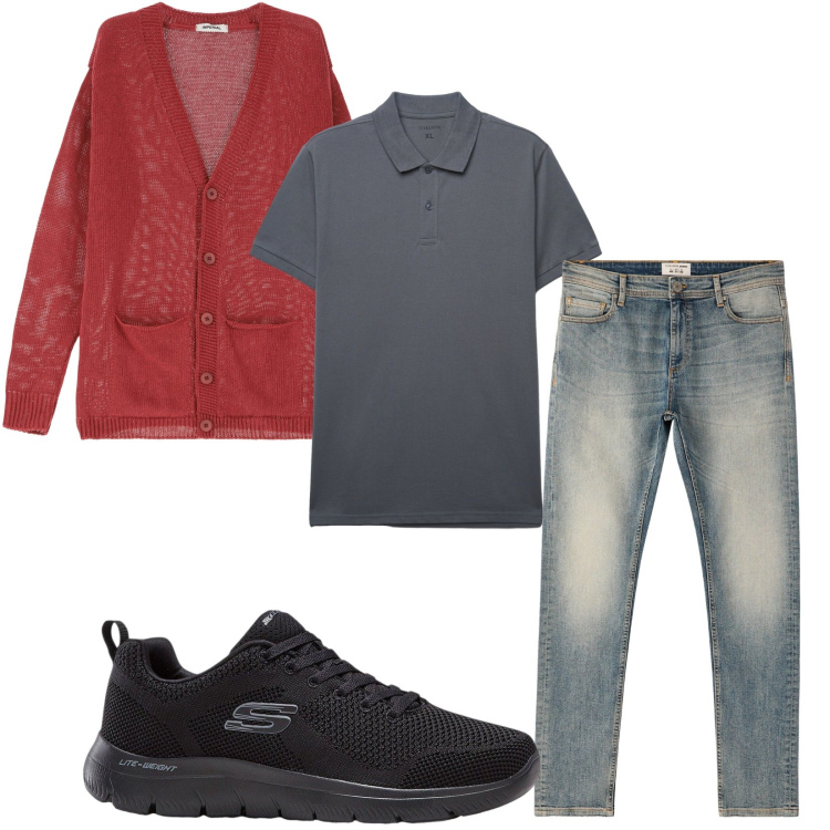 Outfit uomo - Total look #2235538. Stile Casual per Tutti i giorni. Abbinamento con sneakers, jeans skinny, polo, cardigans.