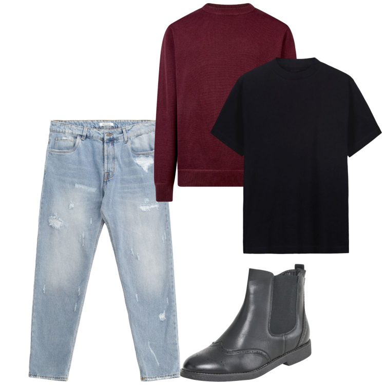 Outfit uomo - Next fall. Stile Casual per Tutti i giorni. Abbinamento con stivali e stivaletti, jeans strappati, maglieria, t-shirt.