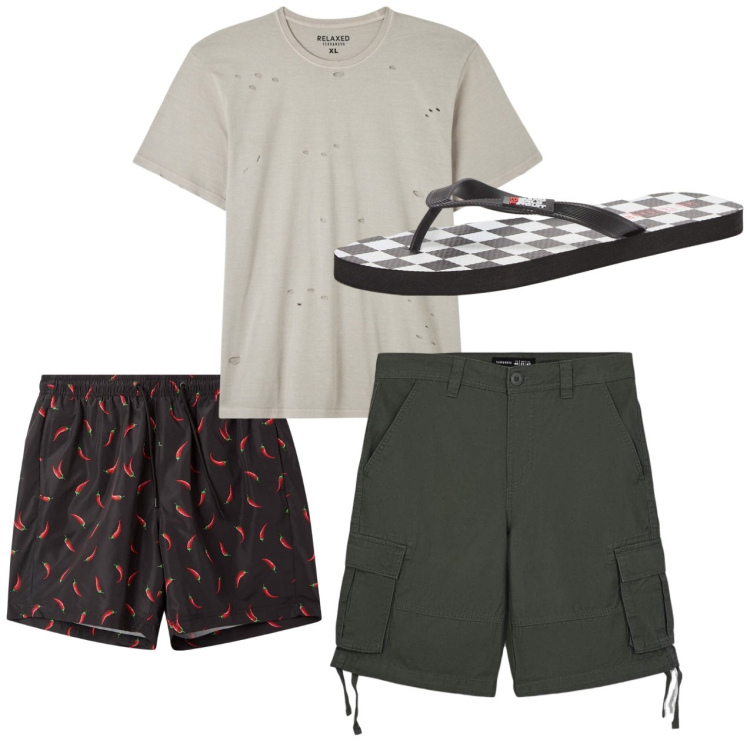 Outfit uomo - Mare. Stile Casual per Tutti i giorni. Abbinamento con sandali, t-shirt, bermuda, costumi.