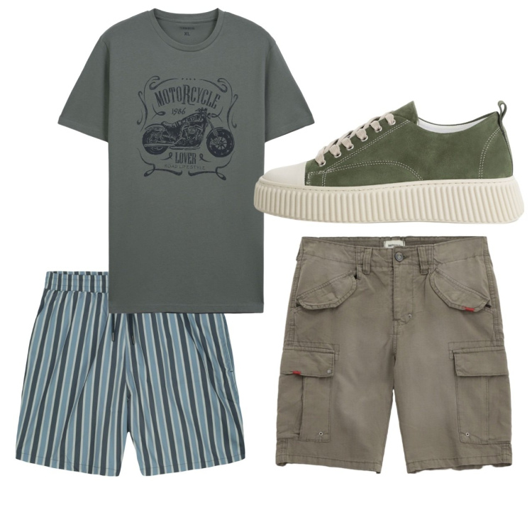 Outfit uomo - Mare. Stile Casual per Tutti i giorni. Abbinamento con t-shirt, sneakers, bermuda, costumi.
