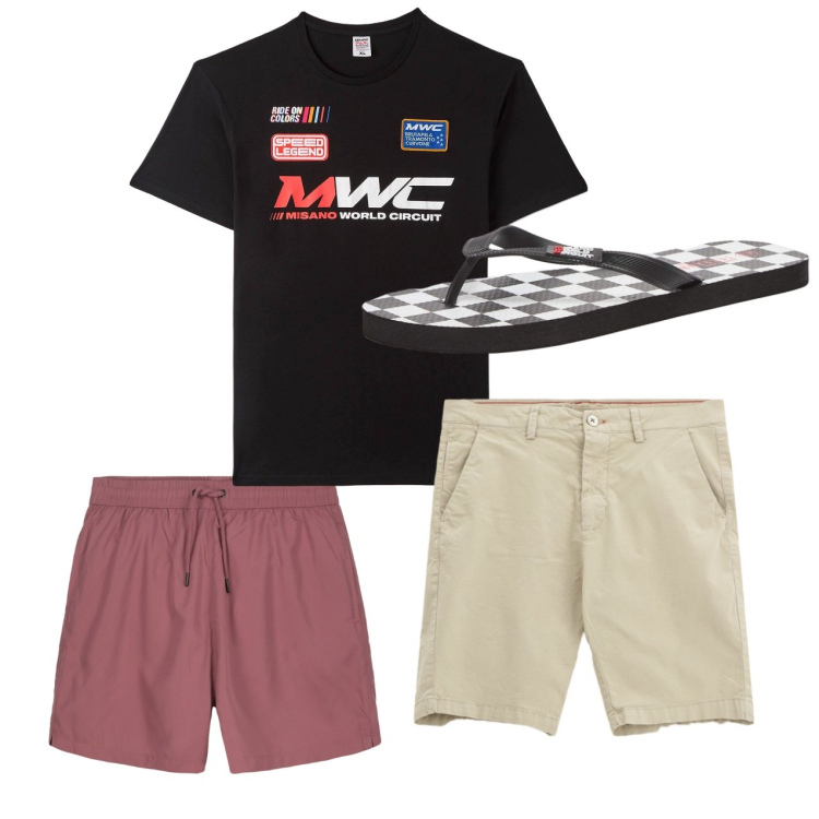 Outfit uomo - Mare. Stile Casual per Tutti i giorni. Abbinamento con sandali, t-shirt, bermuda, costumi.