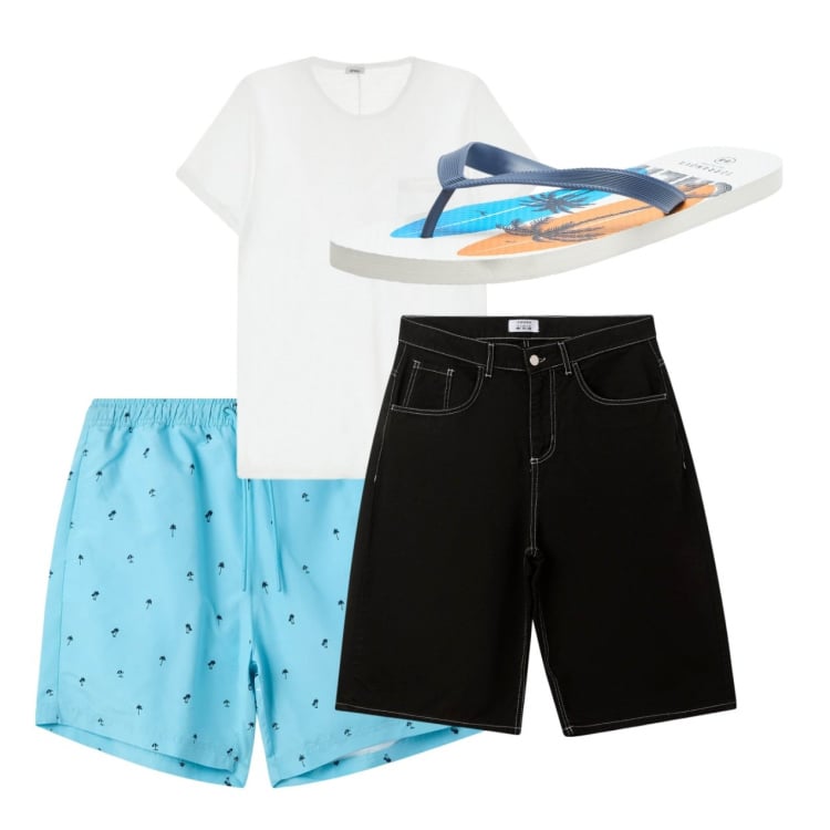 Outfit uomo - Mare. Stile Casual per Mare. Abbinamento con sandali, bermuda, costumi, t-shirt.