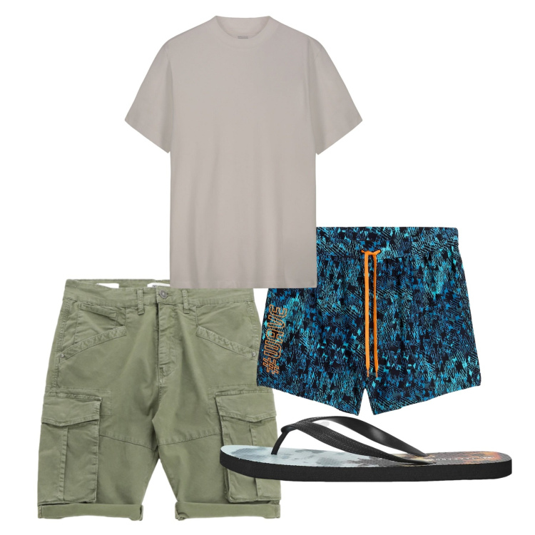Outfit uomo - Chi ha una vita. Stile Casual per Mare. Abbinamento con costumi, sandali, bermuda, t-shirt.