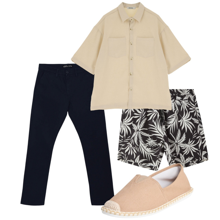 Outfit uomo - Chi ha una vita. Stile Casual per Tutti i giorni. Abbinamento con espadrillas, pantaloni chino, costumi, camicie a manica corta.