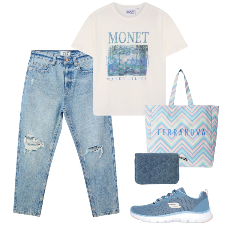 Outfit donna - Lezione di arte. Stile Casual per Scuola/Università. Abbinamento con jeans mom, t-shirt, portafogli, borse tote, sneakers.