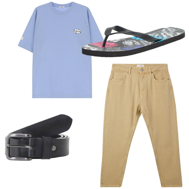 Outfit uomo - City. Stile Casual per Tutti i giorni. Abbinamento con sandali, pantaloni, t-shirt, cinture.